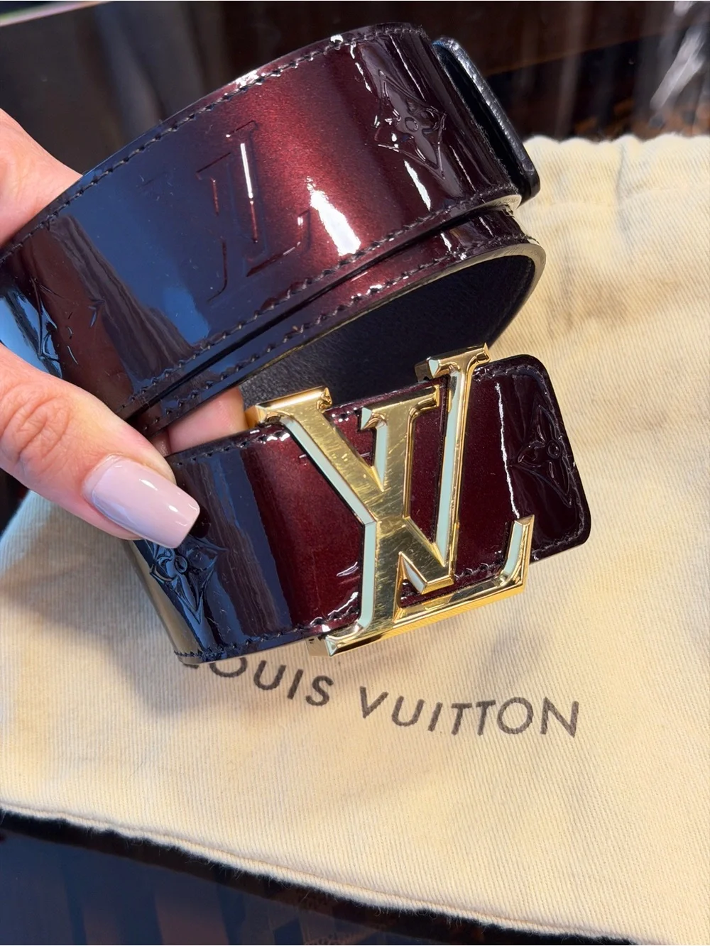 Louis Vuitton Vernis Patent Belt in Deep Bordeaux with Gold LV Buckle